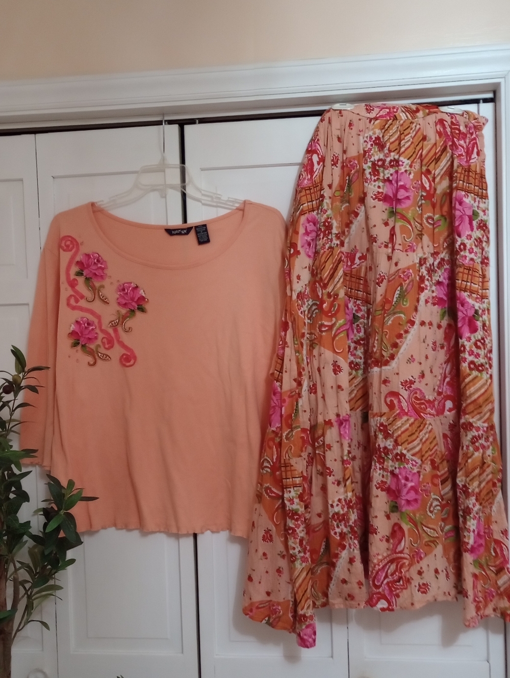 Vintage Krazy Kat Peach Floral Embellished Women's 2 Piece Outfit Size XXL